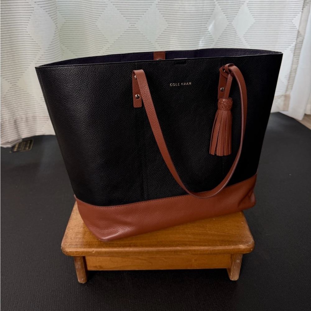 Cole Haan Black Brown Leather Work Tote Laptop Bag Shoulder Carryall
